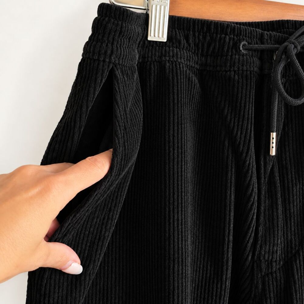 American Eagle Corduroy Pants M Tall NWT Black Pull On Drawstring Straight Leg - Picture 4 of 13